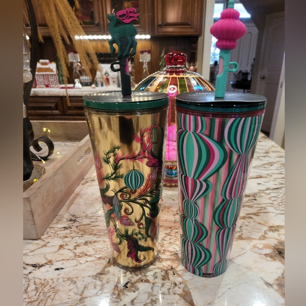 NWT 2024 Starbucks Holiday Tumblers 2 Pc Reindeer With Topper Gold Pink Balloon